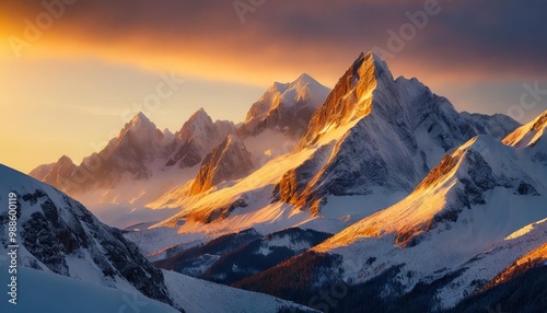 Serene snow-capped peaks at sunrise with golden light touching the mountain tops