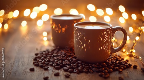 Two white coffee cups with a light shining on them photo