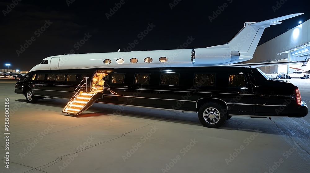 A black limousine parked in front of a white private jet. A black limousine parked in front of a white private jet.
