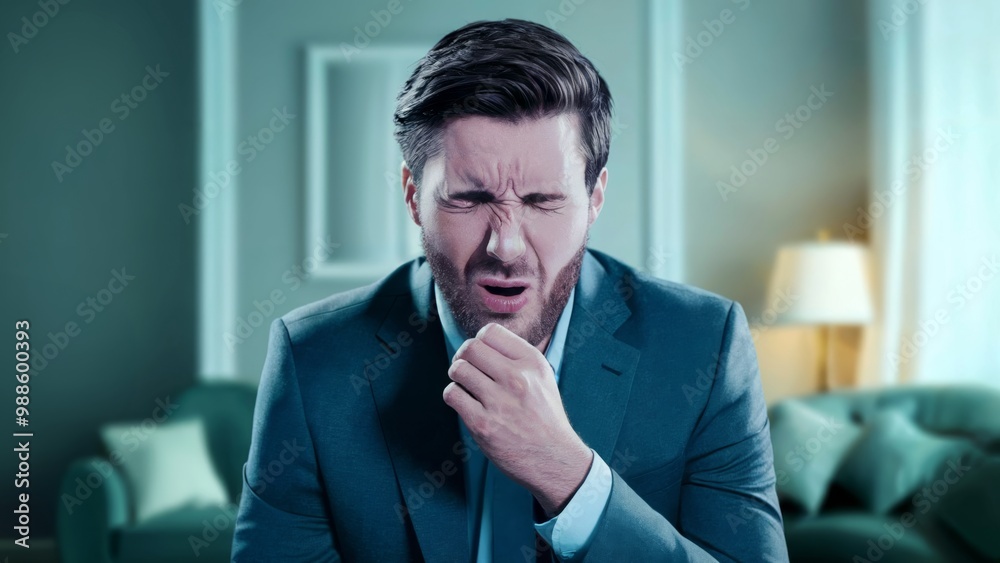 Businessman in formal suit coughs in modern living room setting. Cinematic style. Health and discomfort concept. Medical application. For design, print, poster with copy space Businessman in formal suit coughs in modern living room setting. Cinematic style. Health and discomfort concept. Medical application. For design, print, poster with copy space