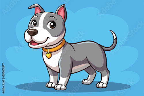 The playful pitbull character stands happily with a bright smile and a collar in a simple background, a cartoon character of a Pitbull dog