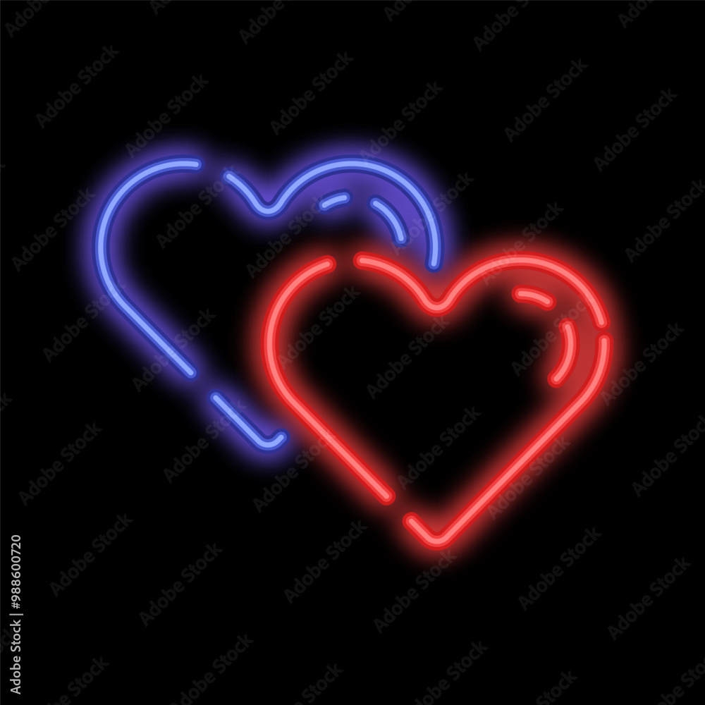 Neon sign of two connected hearts. Love, mutual feelings. Valentines day February 14. Glowing neon icon isolated on black background Neon sign of two connected hearts. Love, mutual feelings. Valentines day February 14. Glowing neon icon isolated on black background