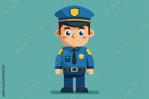 A cartoon character of a police officer stands confidently with a friendly expression, a cartoon character of a police-officer-