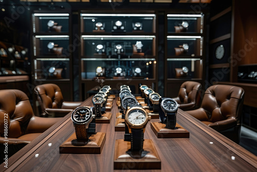 A selection of luxury wristwatches displayed for VIP clients in a VIP room (office) on a wooden table in a brightly lit jewelry watch store. photo