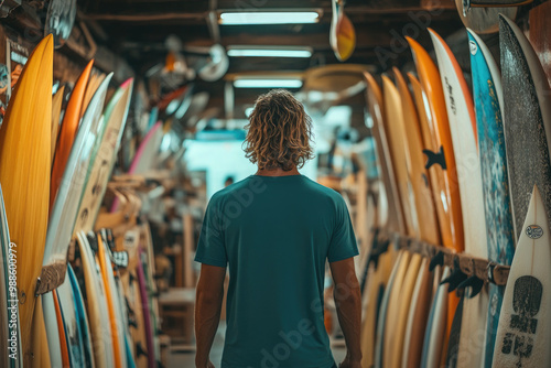 Man choosing surfboard in colorful shop, filled with promise of thrilling adventures.