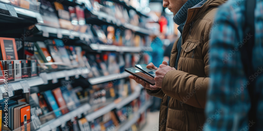 A man in a tech store chooses a new smartphone model. He looks at the new products and compares phone models A man in a tech store chooses a new smartphone model. He looks at the new products and compares phone models