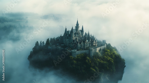 A fairy-tale island with a medieval castle and surrounding moat shrouded in morning mist.
