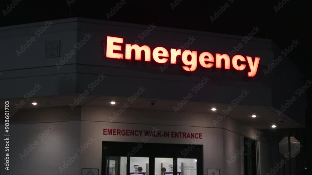 Exterior night hospital EMERGENCY entrance close up on sign Exterior night hospital EMERGENCY entrance close up on sign