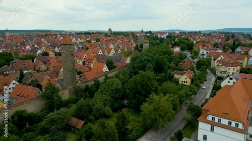 4K Aerial Drone Video of the Sulfur, Hohenner, Röderturm, and Thomas Towers on the Walled City of Rothenburg, Germany photo