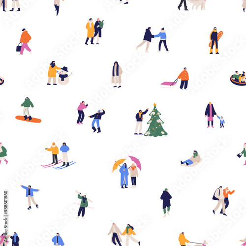 Repeatable pattern of winter holidays activities outdoors. Happy people have fun in wintertime on endless background. Families, friends play snowballs, skate, ski. Flat seamless vector illustration