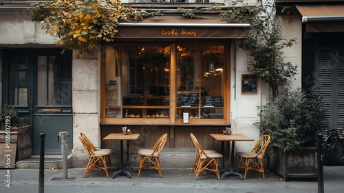 A quaint cafe in Paris with a brown awning and wicker chairs.