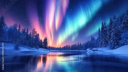 Wallpaper Mural Vibrant Northern Lights dancing across the night sky over a snow-covered forest, reflecting off frozen lakes. Torontodigital.ca