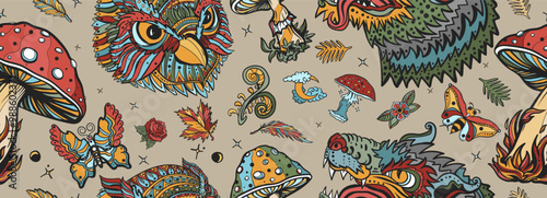 Dark gothic fairy tale. Medieval night forest. Owls, werewolves, wolves, fly agaric. Halloween background