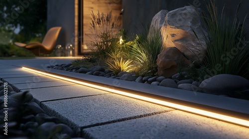 Sleek LED strip lighting enhances a modern patio and garden walkway at night with minimalist design