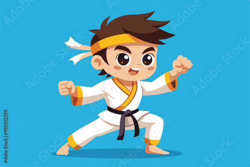 A young taekwondo practitioner demonstrates martial arts poses with enthusiasm and energy, a cartoon character of a Taekwondo boy
