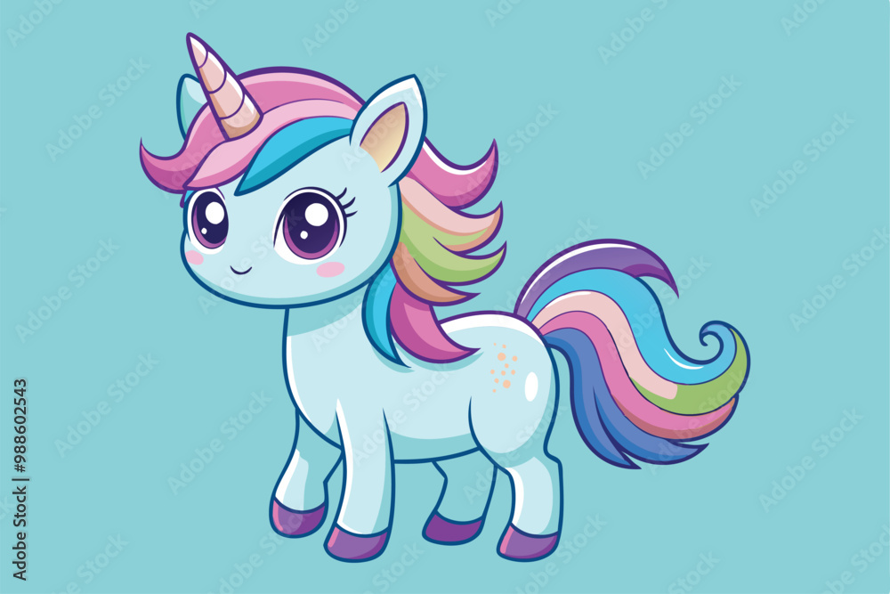Fototapeta premium A cute unicorn with a colorful mane looks cheerful against a soft blue backdrop, a cartoon character of a Unicorn cute cartoon