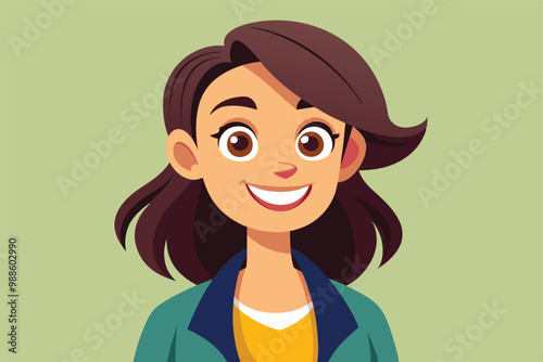A young woman with brown hair smiles cheerfully, conveying happiness and positivity in a simple background, a cartoon character of a Young smiling woman