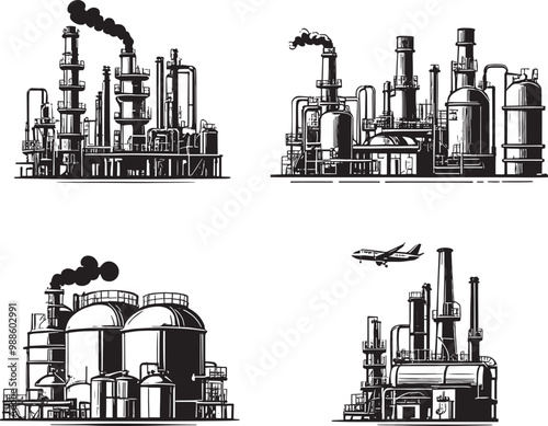 Set of petrol refinery factory icon