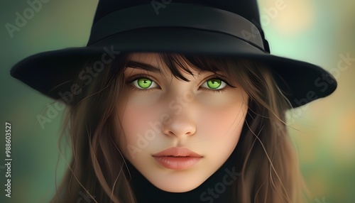 Mystical close-up of a girl with green eyes adorned in a black hat against a softly blurred backdrop