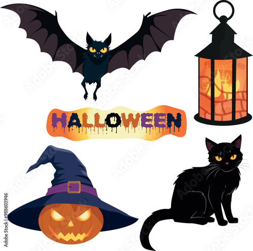 
Halloween sticker set. Black bat. Sinister pumpkin in a hat. Black cat. Lantern with fire. The word "Halloween."  Vector illustration