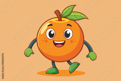 A joyful orange character with arms and legs smiles while walking on a vibrant background, a cartoon character Orange Fruit