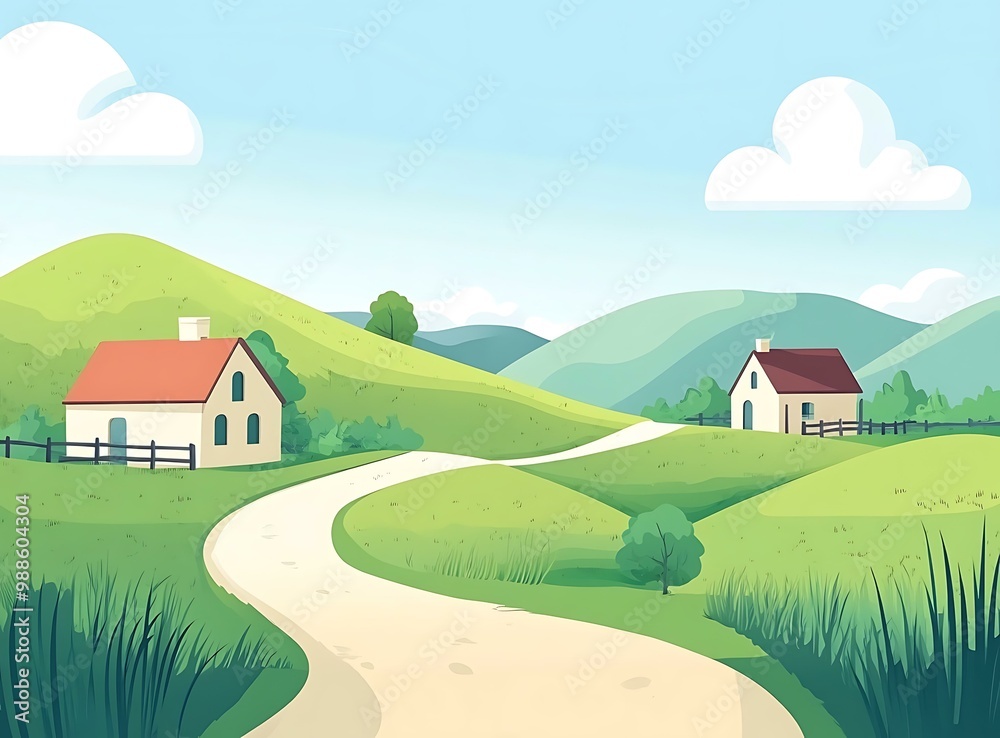 Countryside Road with Houses and Hills Countryside Road with Houses and Hills