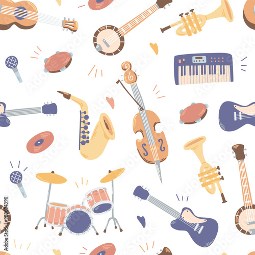 Abstract music seamless pattern on white background.