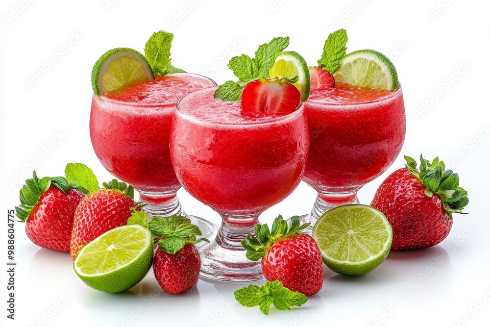 Three Refreshing Strawberry Daiquiris Garnished with Mint and Lime, Isolated on White Background. Three Refreshing Strawberry Daiquiris Garnished with Mint and Lime, Isolated on White Background.