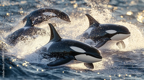 Three orcas leap from the water, creating splashes and spray in the sunlight.