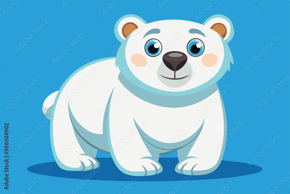 Naklejka premium A cheerful polar bear character stands happily on a bright blue background, exuding joy and charm, a cartoon character Polar bear