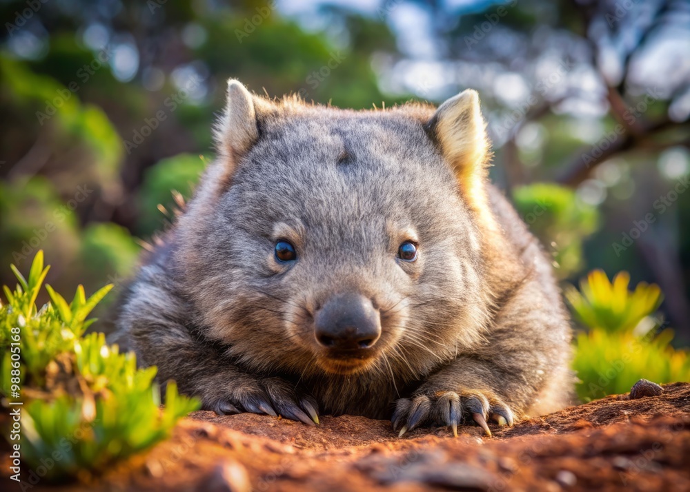 A small, furry wombat rests peacefully in its native bushland home, its striped body camouflaged against the rust-hued A small, furry wombat rests peacefully in its native bushland home, its striped body camouflaged against the rust-hued