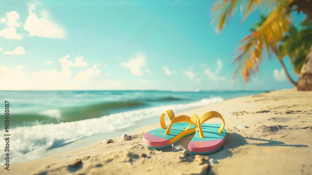 Flip-Flops on a Tropical Beach with Palm Trees and Ocean View Flip-Flops on a Tropical Beach with Palm Trees and Ocean View