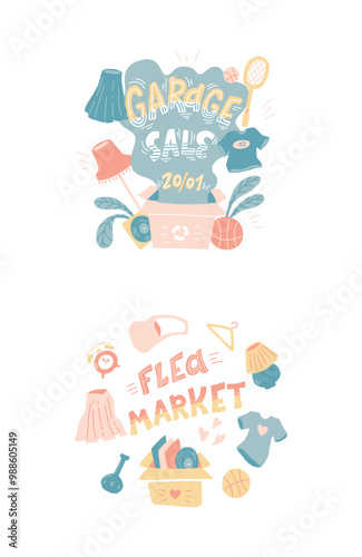 Items sold at flea markets and garage sales. Hand-drawn cartoon style.
