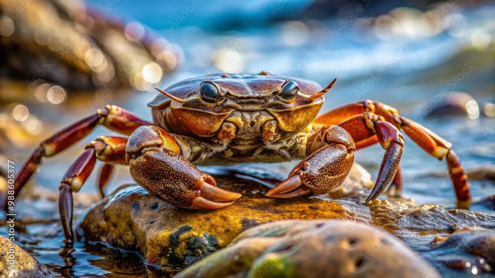 A spiny brown crab clings to the rocky shoreline, its weathered carapace and claws a stark contrast to A spiny brown crab clings to the rocky shoreline, its weathered carapace and claws a stark contrast to