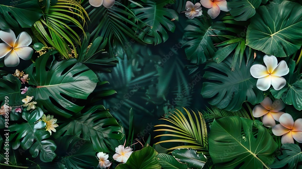 Tropical Leaves and Frangipani Flowers Background Tropical Leaves and Frangipani Flowers Background
