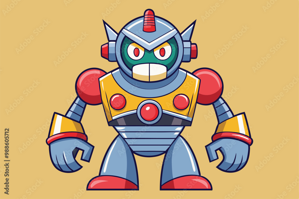 Fototapeta premium A cheerful robot character strikes a bold pose with vibrant colors and playful features, a cartoon character robot character