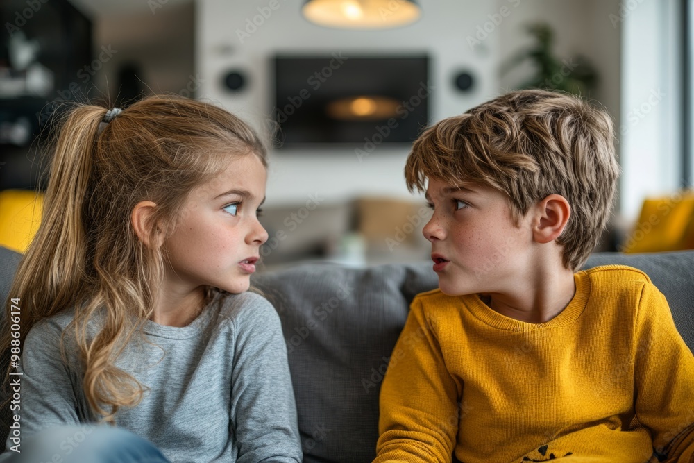 Brother arguing with sister on sofa at home, Generative AI