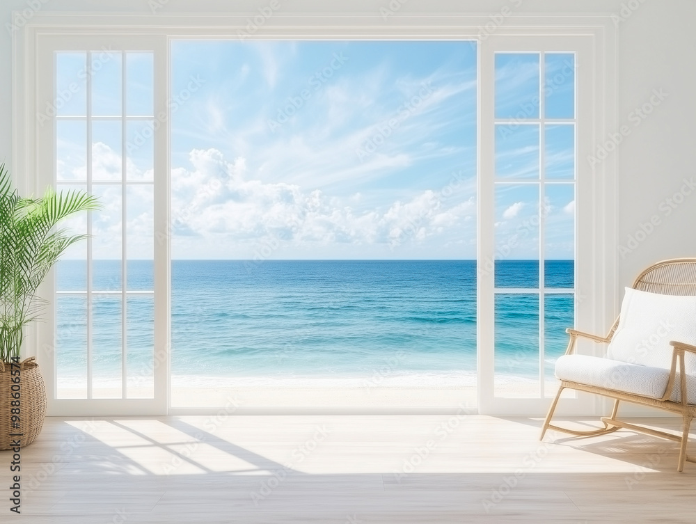 Fototapeta premium Luxury home showcase living room with sunny ocean view