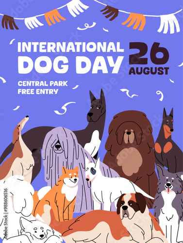 Design of event poster of International Dog Day. Template of promotion of doggy holiday. Domestic animals, pets, puppies of different breeds: akita, dobermann, samoyed. Flat vector illustration