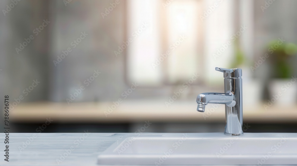 Faucet with soft focus backdrop, modern flat design, emphasizing clean lines and simplicity, ideal for home improvement or plumbing themes, elegant and minimalistic aesthetic. Faucet with soft focus backdrop, modern flat design, emphasizing clean lines and simplicity, ideal for home improvement or plumbing themes, elegant and minimalistic aesthetic.