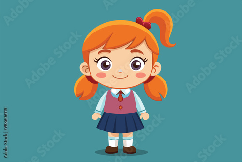 A bright cartoon schoolgirl smiles warmly while wearing her school uniform, a cartoon character school girl