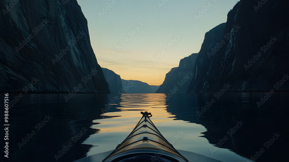 Fototapeta premium A kayak paddling through a serene fjord with towering cliffs on either side under the soft light of dawn.