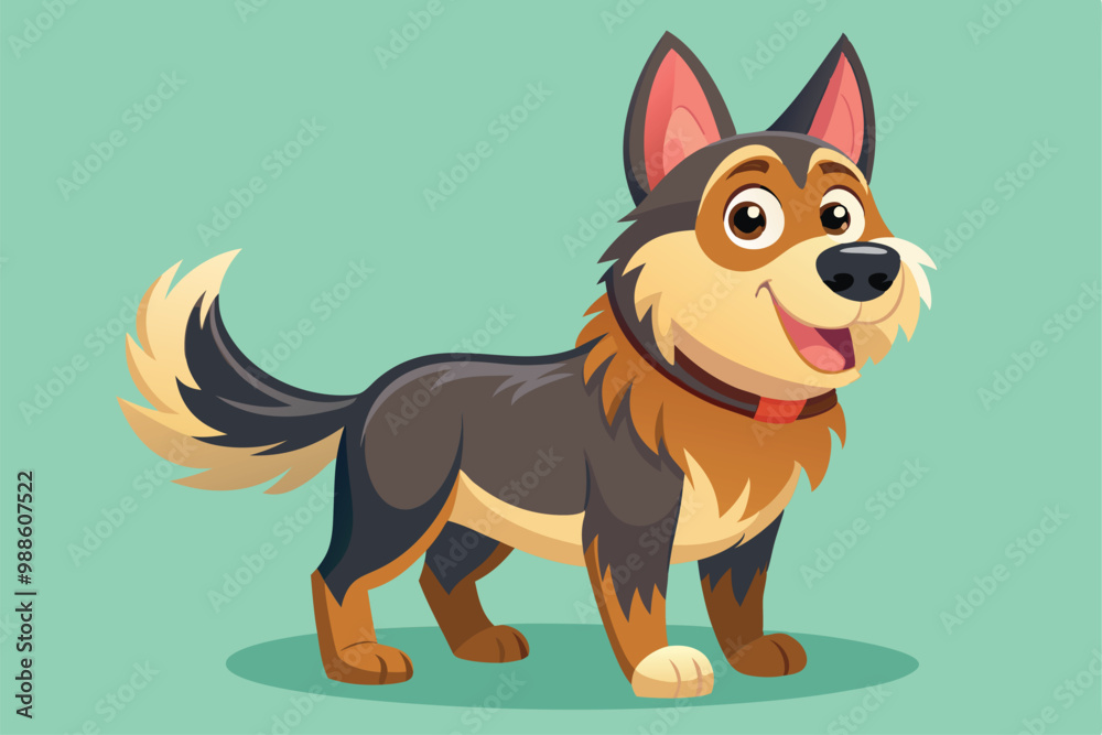 A cartoon shepherd dog smiles broadly, tail wagging, radiating joy and friendliness in a vibrant setting, a cartoon character Shepherd dog A cartoon shepherd dog smiles broadly, tail wagging, radiating joy and friendliness in a vibrant setting, a cartoon character Shepherd dog