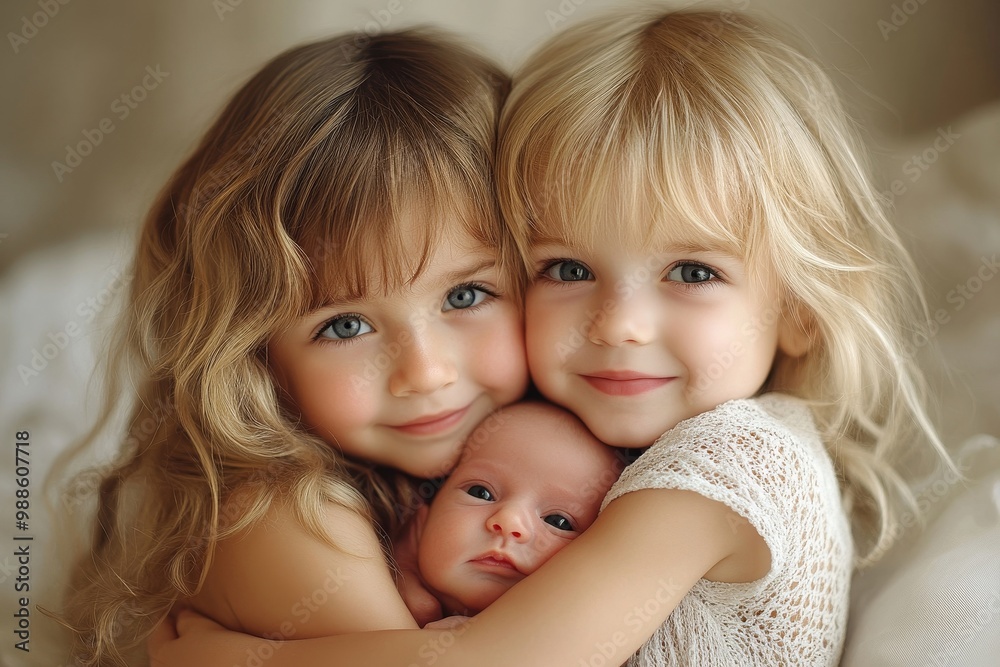 Cute sibling children,Sister holds and hugs baby, Generative AI Cute sibling children,Sister holds and hugs baby, Generative AI