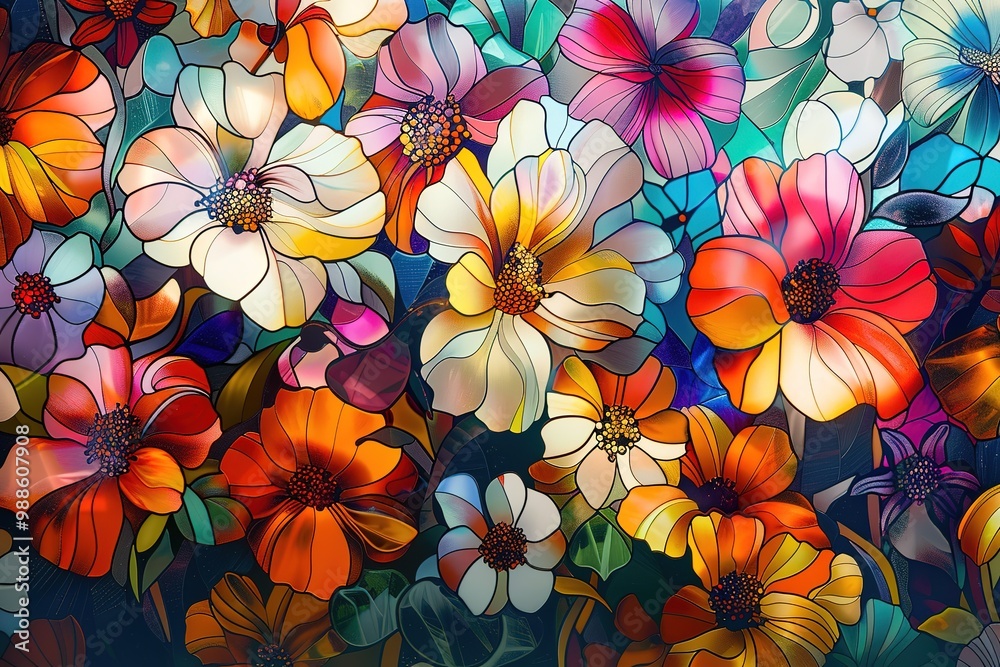 Illustration in the stained glass style with an abstract flower arrangement on a light background, horizontal image Illustration in the stained glass style with an abstract flower arrangement on a light background, horizontal image