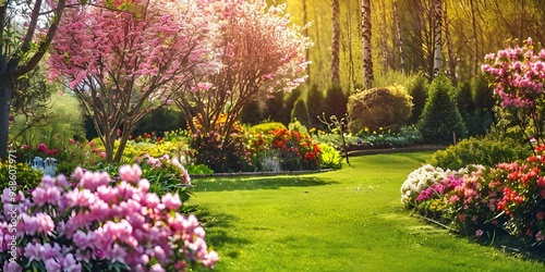 Front yard landscape design With multicolored shrubs intersecting with bright green lawns Behind the 