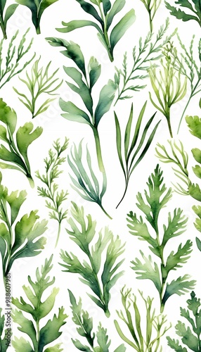 Wallpaper Mural collection plant seaweed sea botanical green olated realistic illustrations grass painted hand fresh watercolor underwater white watercolor aquarelle art background botanical decoration design Torontodigital.ca