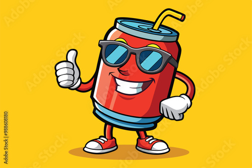 A playful soda can character celebrates summer with sunglasses and a thumbs up gesture, a cartoon character soda can wearing sunglasses and giving a thumbs up