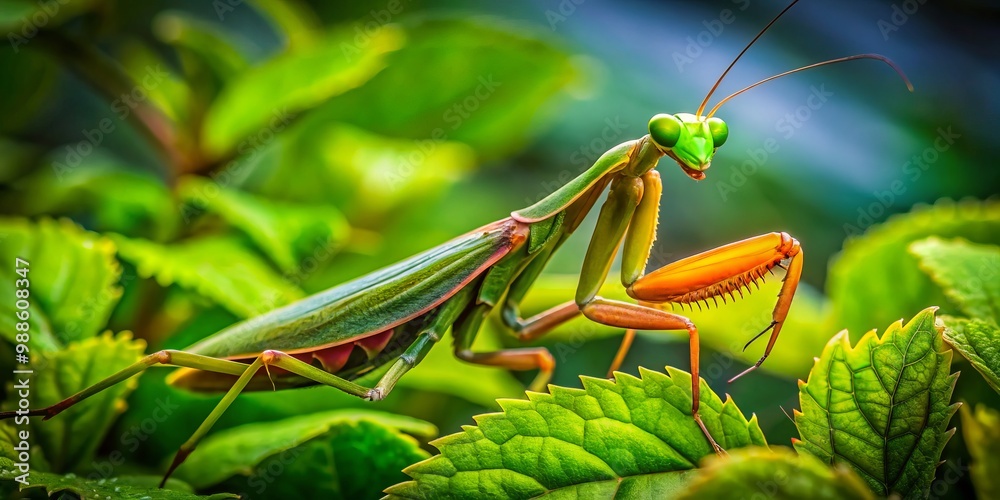 A vibrant praying mantis camouflages among lush green leaves, basking in the bright sunlight of its natural habitat, A vibrant praying mantis camouflages among lush green leaves, basking in the bright sunlight of its natural habitat,