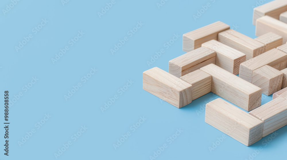 Maze of Wooden Blocks on Blue Background, depicting intricate pathways of business challenges and solutions, inviting strategic thinking and creative problem-solving. Maze of Wooden Blocks on Blue Background, depicting intricate pathways of business challenges and solutions, inviting strategic thinking and creative problem-solving.